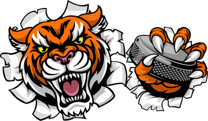 A tiger ice hockey player animal sports mascot holding a puck