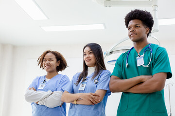 Medical student man and woman thumbs up group students on background in classroom hospital medical...