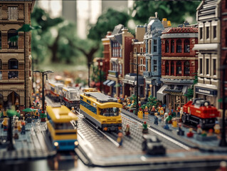 Obraz na płótnie Canvas A miniature imaginary city built from plastic bricks. Residential and commercial buildings are built facing the road. The road is busy with vehicles. People are busy with their daily activities.