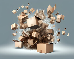 Open and sealed cartons exploding on a solid background. AI generated image.