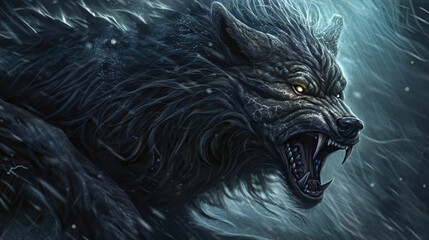 Fenrir, the Formidable Norse Wolf in Ancient Myth, generative AI
