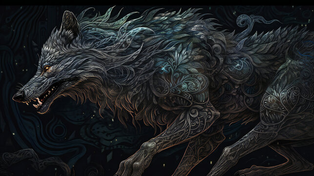 Fenrir, Powerful and Fearsome Wolf of Norse Mythology, generative AI
