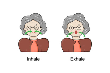 Old woman doing practice inhale and exhale.Breath exercise.Pursed lip breathing technique.Good health.Cartoon character.Vector.Illustration.