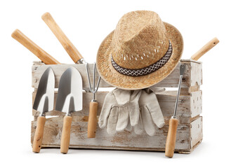 Gardening tools set, wooden crate with aluminum garden kit tools, Trowel with wooden handle, straw...