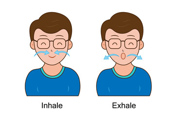 A man doing practice inhale and exhale.Breath exercise.Pursed lip breathing technique.Good health.Cartoon character.Vector.Illustration.