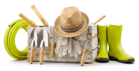 Gardening tools set, wooden crate with garden kit, rubber green boots, hose, handle trowel, straw hat and protective gloves, isolated on white background. Concept of work or sale garden products