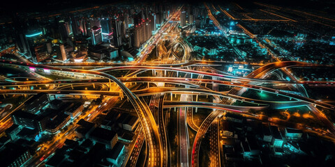 Expressway top view, Road traffic an important infrastructure, car traffic transportation above intersection road in city night Genetarive AI