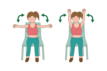 women doing exercise on chair and lifting hand for improve muscle strength and flexibility. Physical training.workout.Vector.illustration.