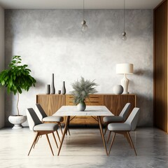Interior design of modern dining room or living room, marble table and chairs. Wooden sideboard over grunge concrete stucco wall. Home interior. 3d rendering generative AI technology