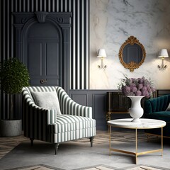 Interior of modern living room with striped accent coffee table and classical patterned armchair, stone stucco wall. Home design. 3d rendering generative AI technology