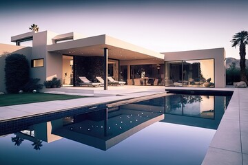 Fototapeta na wymiar Backyard Swimming Pool in Front of a Modern House Against Clear Sky 4. Generative AI