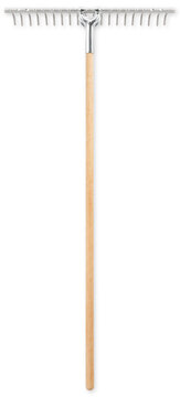 steel metal garden rake with wooden grip, top view isolated on white background, spring time concept for home garden or vegetable garden and lawn care