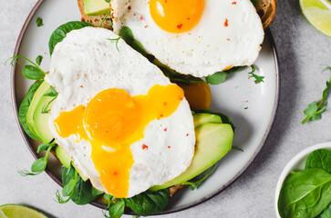 Avocado Sandwich with Fried Egg, Spinach and Green Sprouts, Healthy Breakfast or Snack on Bright Background
