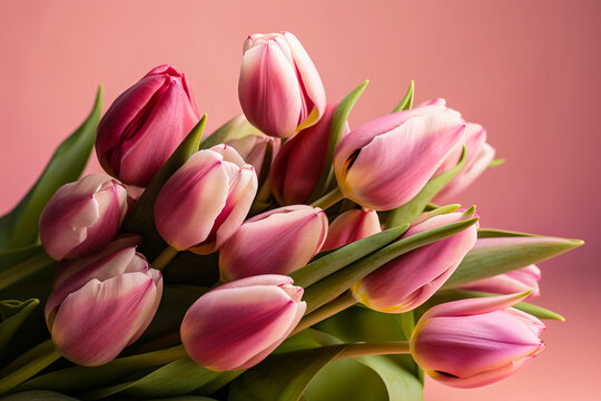 beautiful pink and white  tulips in a bouquet, isolated on a pink background, created with generative ai