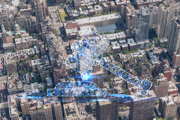 Aerial top view of New York City building roofs. Bird's eye view from helicopter of metropolis cityscape. Glowing hologram legal icons. The concept of law, order, regulations and digital justice