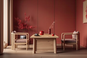 Red and beige Japandi tea ceremony chamber mockup. Table, chairs, tatami. Japanese minimalism,. Generative AI