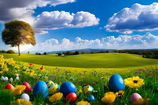 Frohe Ostern - Landschaftsbilder mit Ostereiern und Osterhasen