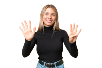 Young pretty blonde woman over isolated chroma key background counting nine with fingers