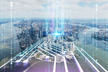 Aerial panoramic helicopter city view on Lower Manhattan district and financial Downtown, New York, USA. Artificial Intelligence concept, hologram. AI, machine learning, neural network, robotics © VideoFlow