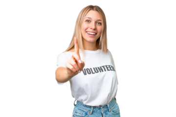 Young volunteer woman over isolated chroma key background showing and lifting a finger