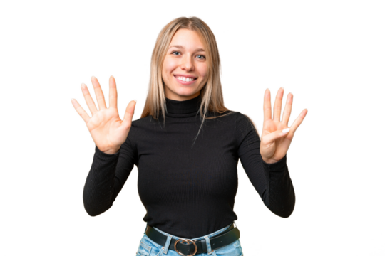 Young pretty blonde woman over isolated chroma key background counting nine with fingers