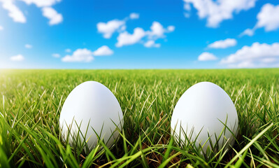 Two white eggs placed next to each other on green grass. In the background, we can see a light blue sky, indicating a beautiful sunny day.Generative AI