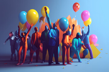 Low Poly Generative AI of Diverse Group Celebrating Milestone. Multicultural Office Celebration. Employees Celebrating Success