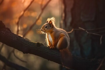 Small red squirrel sits on the tree branch in the forest. Scene of wild nature. Generative AI.