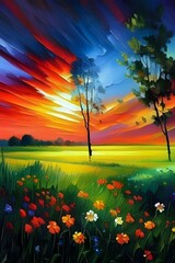 painting of sunset in the field