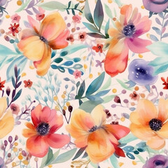 A lovely sameless illustration floral pattern featuring delicate pink, purple, and green flowers arranged in a natural and harmonious way