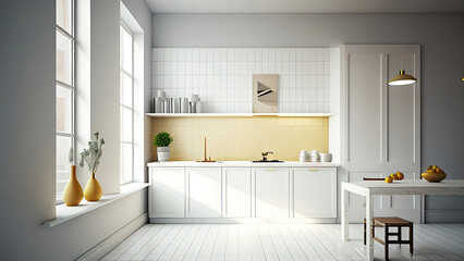 Fototapeta na wymiar A minimalistic apartment kitchen in white and yellow colors: tile wall and floor, empty, blank, nobody, no people, photorealistic, illustration, Generative AI