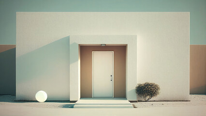 A minimalistic front door in a white building, photorealistic illustration, Generative AI