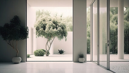 Minimalistic hall interior with a view of the courtyard and the forest: empty, blank, nobody, no people, photorealistic, illustration, Generative AI