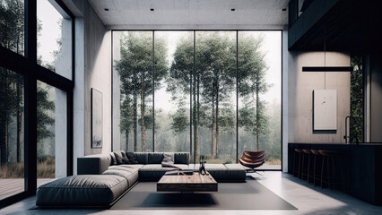 A minimalistic interior living room with a bar, photorealistic illustration, Generative AI