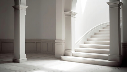 Hall and staircase in the white color interior: empty, blank, nobody, no people, photorealistic, illustration, Generative AI
