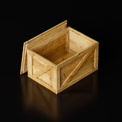 Fototapeta premium Rectangular open wooden box isolated on black background. The concept of transportation or delivery. 3d render