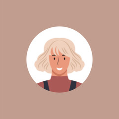 Round profile image of woman avatar for social networks. Fashion, beauty, blue and black. Bright vector illustration in trendy style.