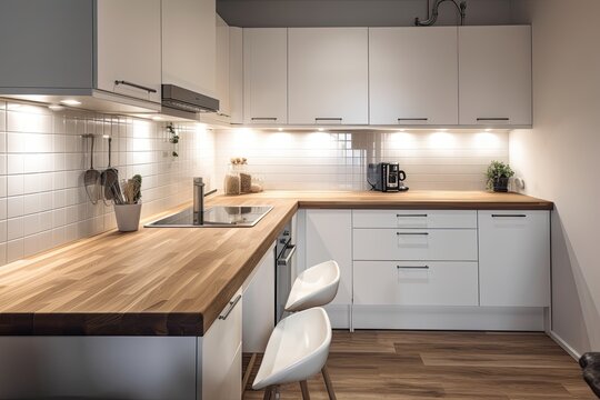 Contemporary white kitchen corner with natural oak wood countertop and equipment. Generative AI