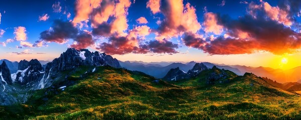 Sunset panorama in mountains national park. Forest mountains at dawn. Early morning mountain landscape. Generative AI