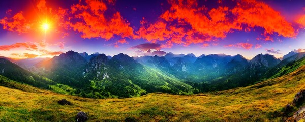 Fototapeta na wymiar Sunset panorama in mountains national park. Forest mountains at dawn. Early morning mountain landscape. Generative AI