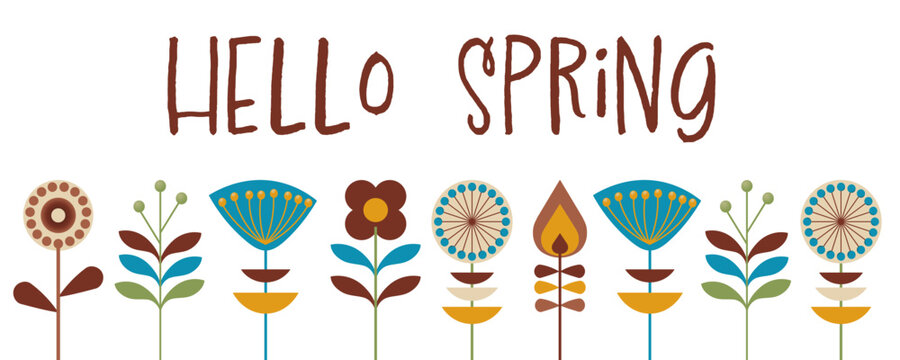 Hello Spring - Hallo Frühling. Vektor Grafik mit Blumen im Retro Design.