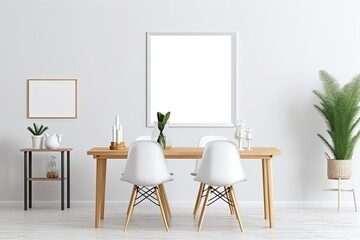 empty mock up poster frame in modern interior background, dinning room, Scandinavian style as interior idea - Generative AI