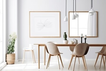 empty mock up poster frame in modern interior background, dinning room, Scandinavian style as interior idea - Generative AI