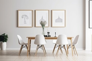 empty mock up poster frame in modern interior background, dinning room, Scandinavian style as interior idea - Generative AI