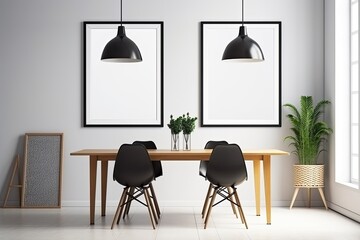 empty mock up poster frame in modern interior background, dinning room, Scandinavian style as interior idea - Generative AI