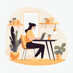 Vector Flat Art of a Woman Working from Home Office on Laptop - White Background