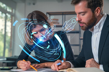 Businesspeople in formal wear taking notes signing contract at office workplace. Concept of important working moments, document sign, working process, concentration. Start up hologram