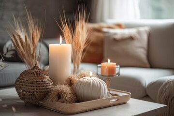 Still life. Dried pampas grass in a vase, white porcelain pumpkins, a teapot, a cup, and pumpkin shaped candles on a living room coffee table. Autumn theme. Generative AI