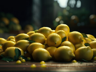 Beautiful organic background of freshly picked lemons created with Generative AI technology