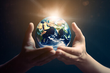 Hands holding a planet Earth, Concept for Earth day and World Environment day. Generative AI